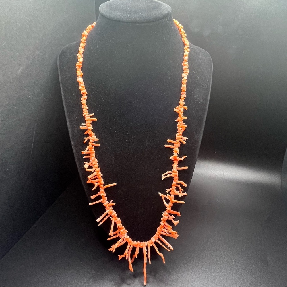 Natural branch coral necklace orange coral fringe statement. Vintage - Picture 2 of 10